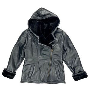 Wilsons Leather Hooded Coat Women M Black Genevieve Fur Lined Moto Grunge Jacket